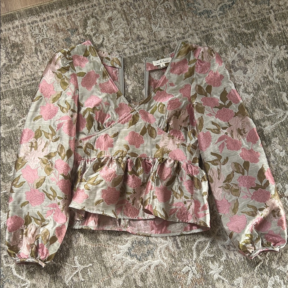 Pink and Green Floral Jacquard Blouse